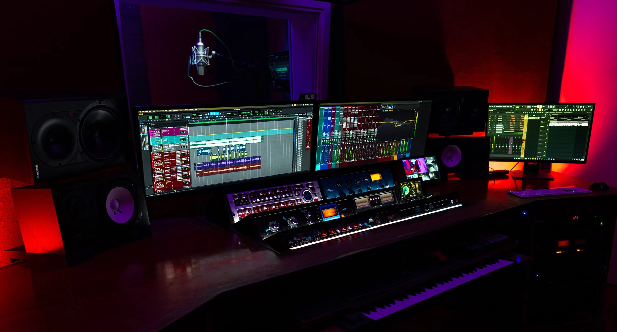 Studio A from the engineer's seat: session up on the screens, the vocal mic ready in the booth.